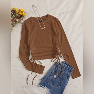 Ruched Drawstring Long Sleeve Brown Top